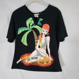 Hot Mustard Life Is Short Beaded Beach Blouse M